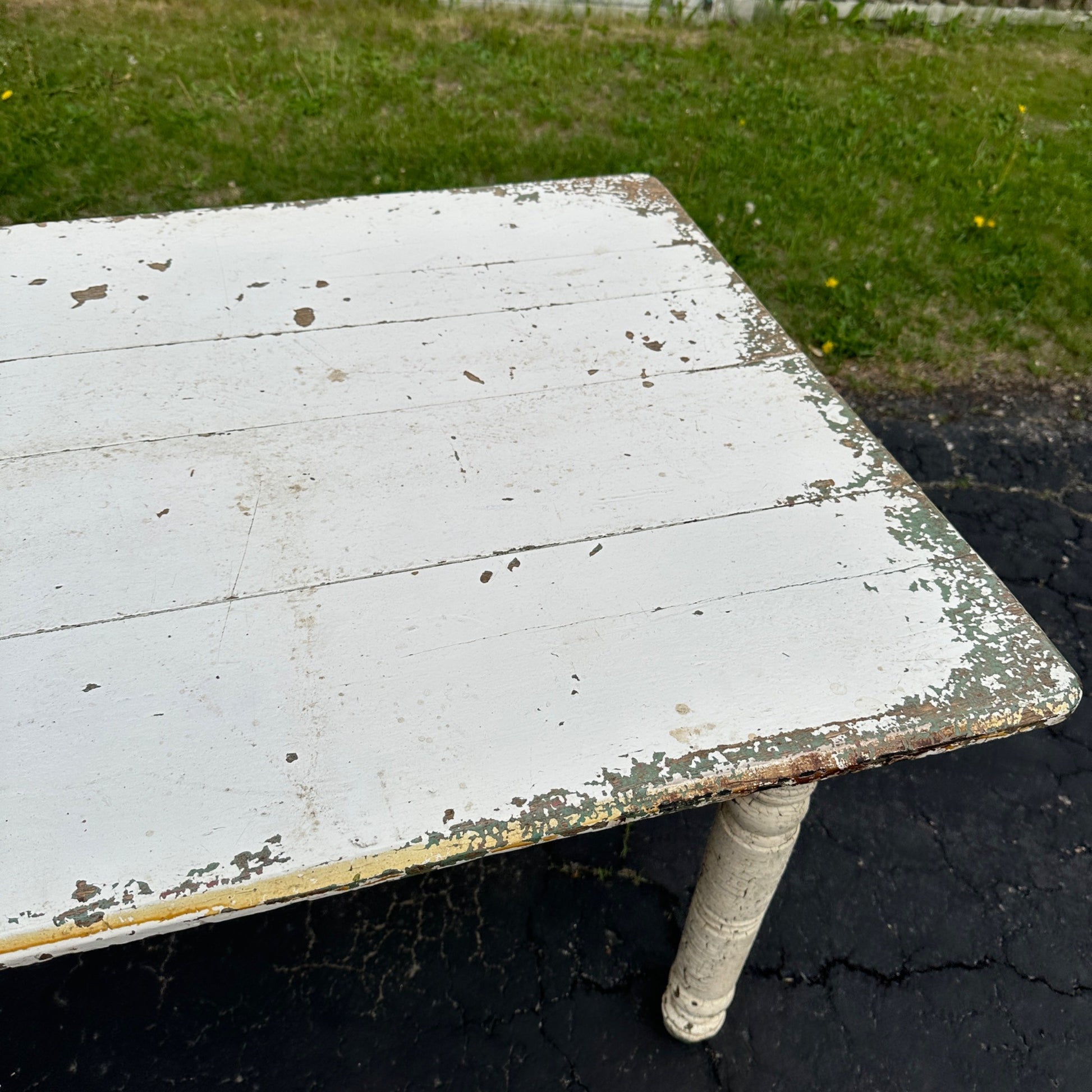 Antique Primitive Chippy White Oak Wooden Kitchen Dining Table Shabby Chic