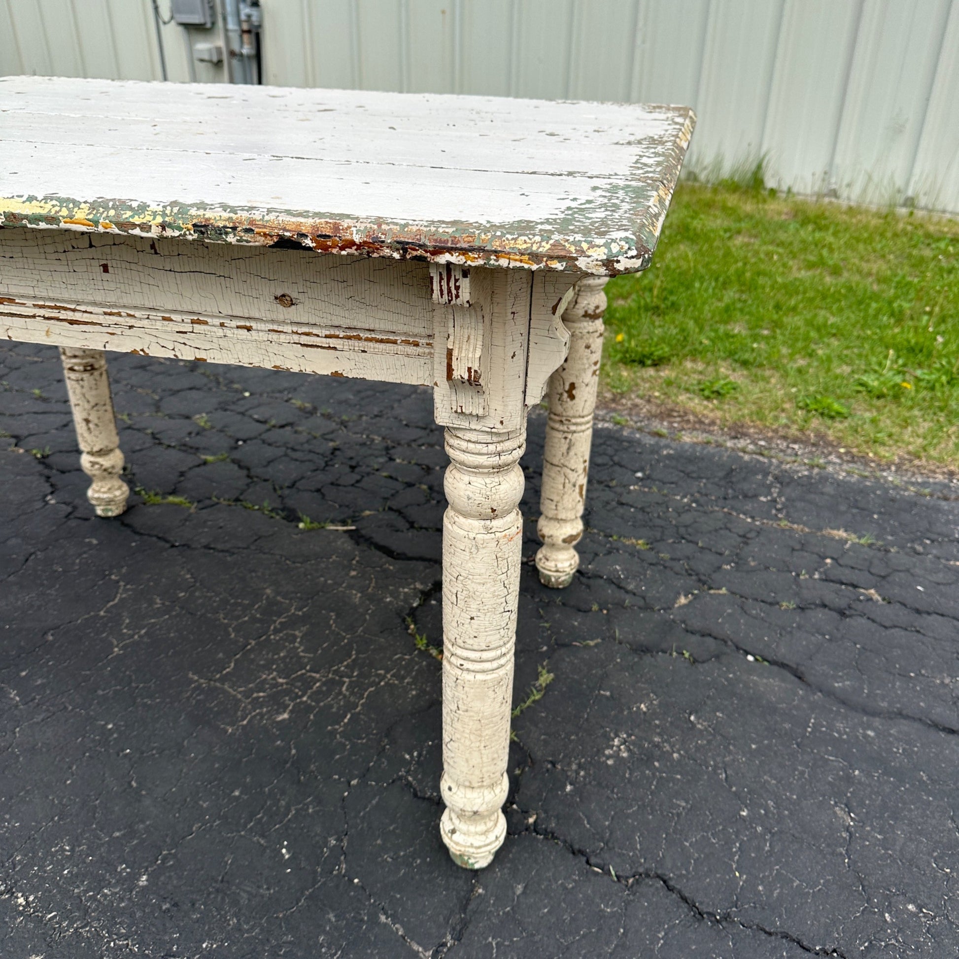 Antique Primitive Chippy White Oak Wooden Kitchen Dining Table Shabby Chic