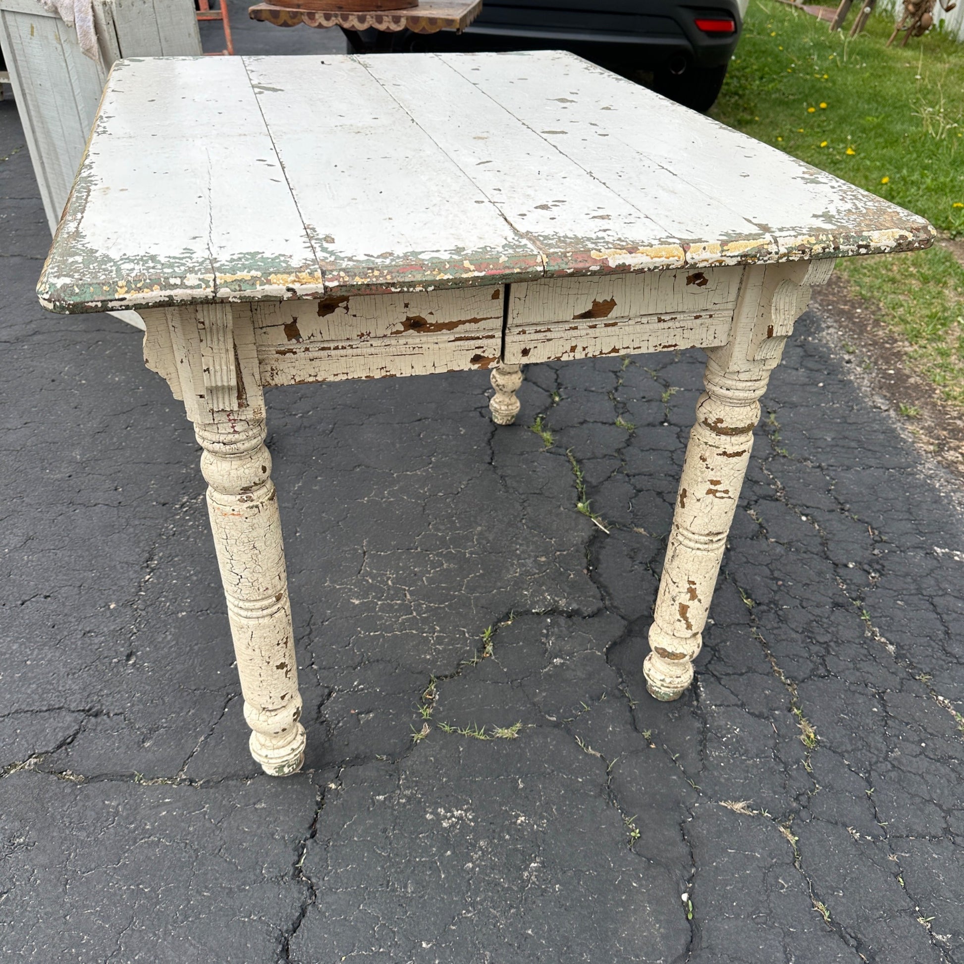 Antique Primitive Chippy White Oak Wooden Kitchen Dining Table Shabby Chic