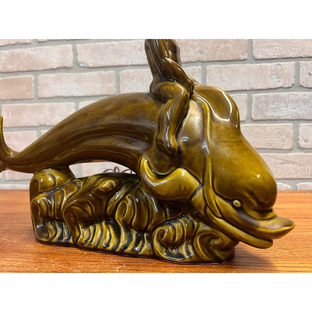 Vintage Glazed Ceramic Electric Television Lamp Lane & Co. Pottery Boy Riding Dolphin Van Nuys, California Circa 1960