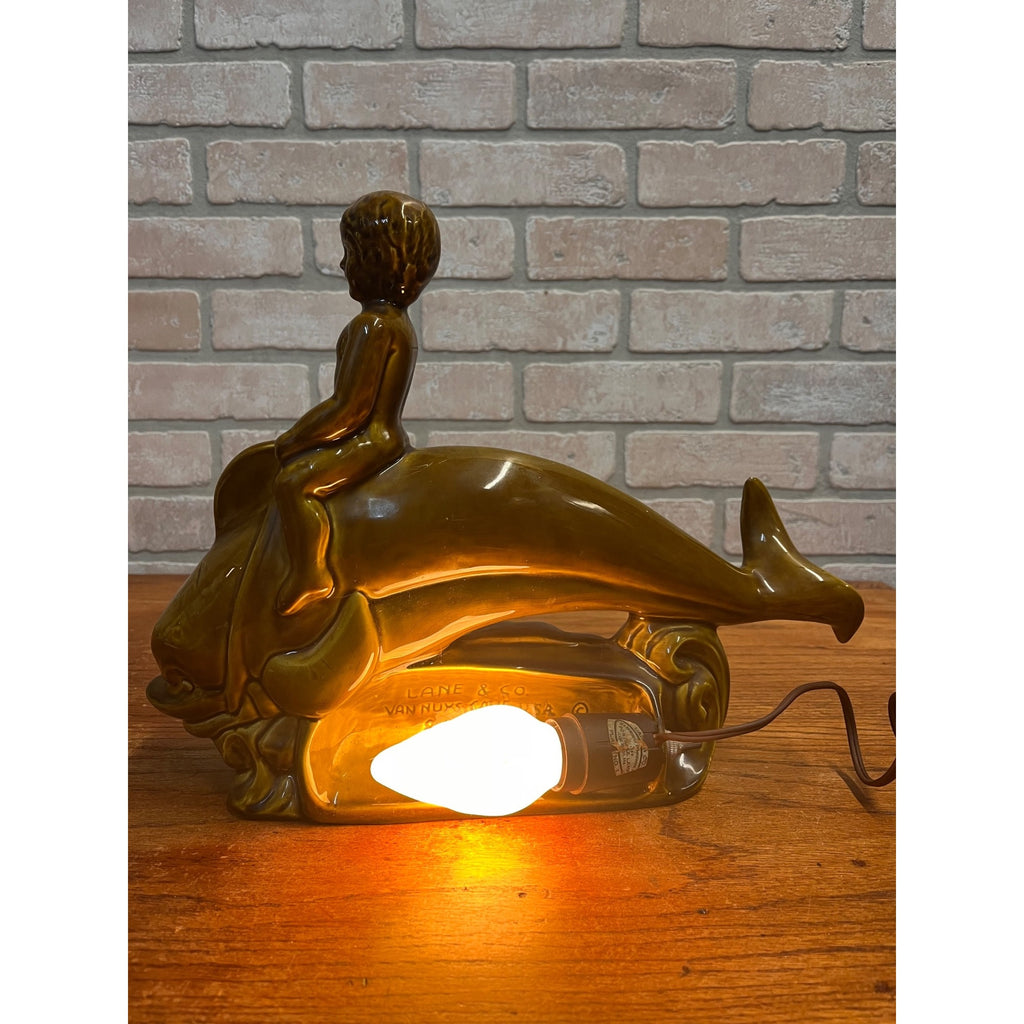 Vintage Glazed Ceramic Electric Television Lamp Lane & Co. Pottery Boy Riding Dolphin Van Nuys, California Circa 1960