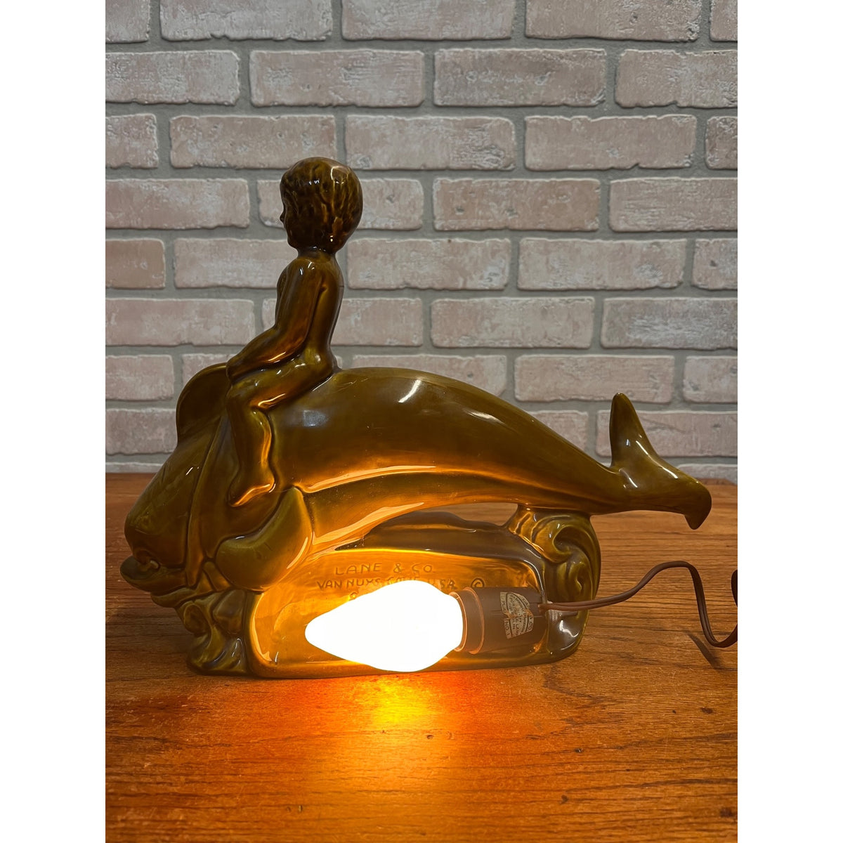 Vintage Glazed Ceramic Electric Television Lamp Lane & Co. Pottery Boy Riding Dolphin Van Nuys, California Circa 1960