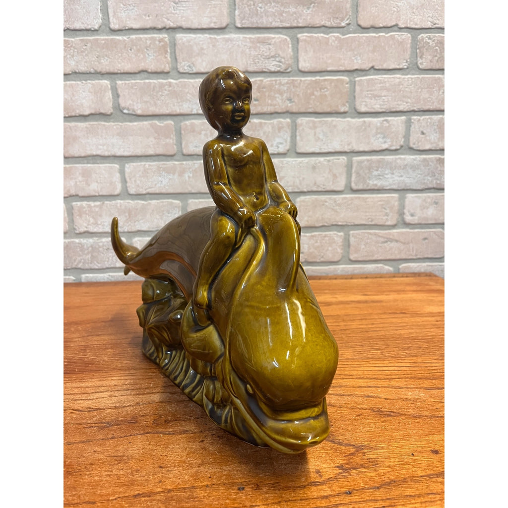 Vintage Glazed Ceramic Electric Television Lamp Lane & Co. Pottery Boy Riding Dolphin Van Nuys, California Circa 1960