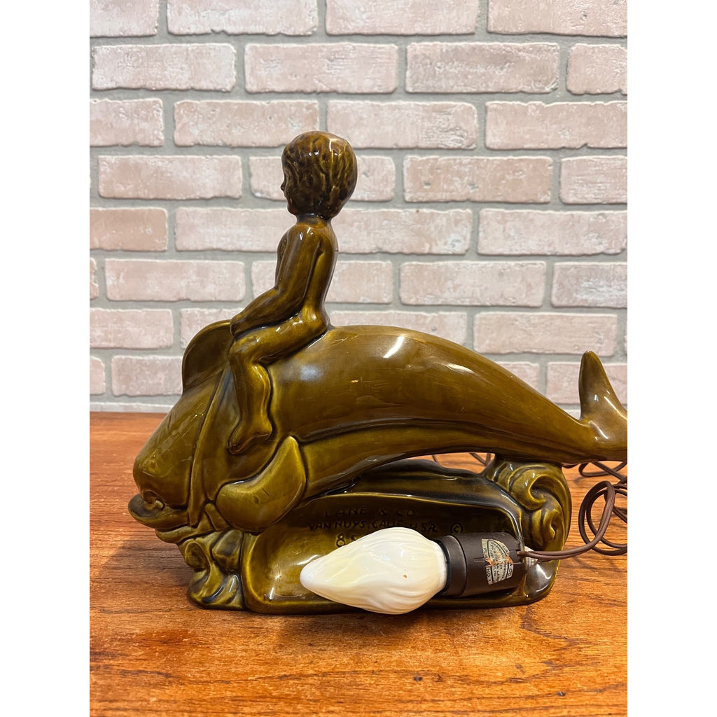 Vintage Glazed Ceramic Electric Television Lamp Lane & Co. Pottery Boy Riding Dolphin Van Nuys, California Circa 1960