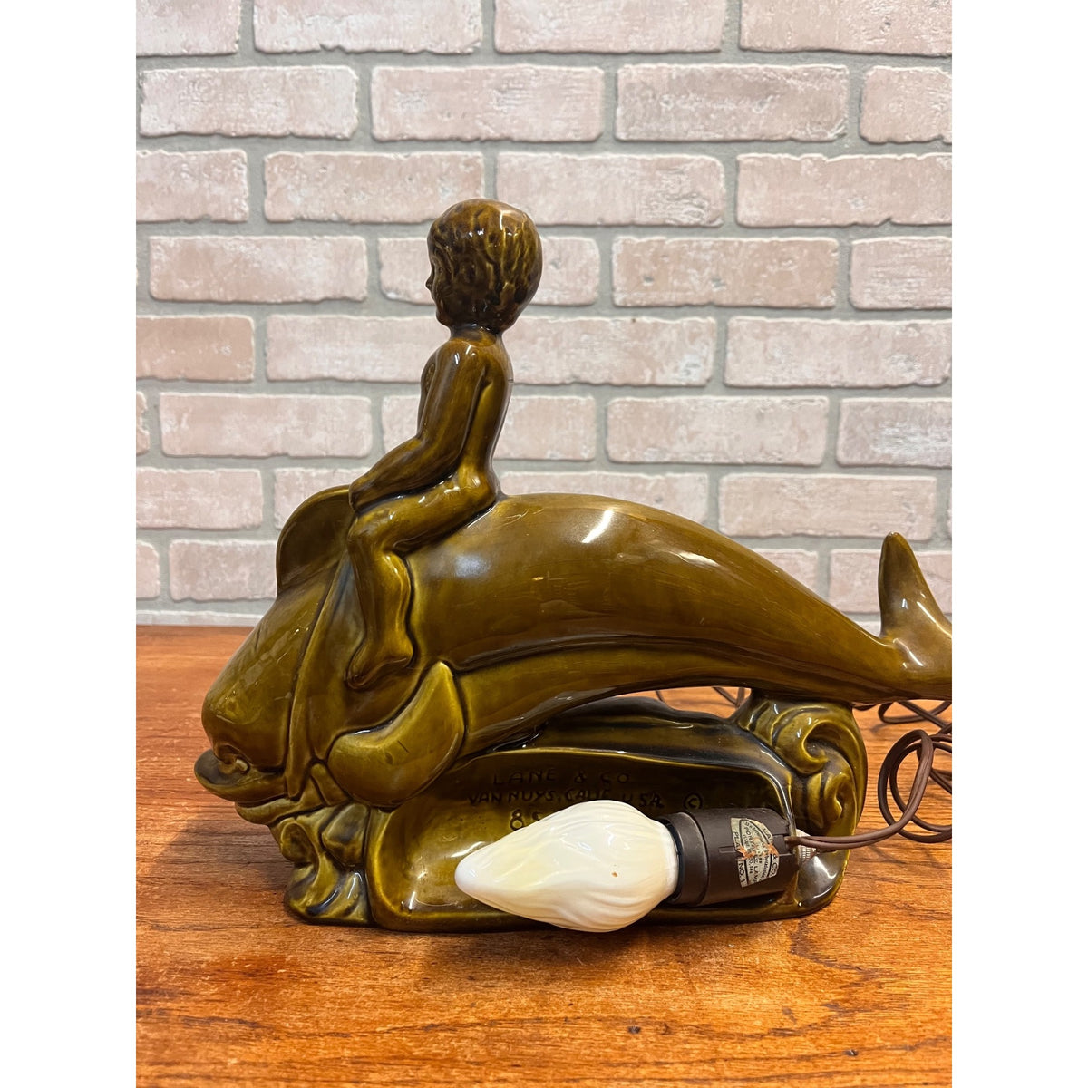 Vintage Glazed Ceramic Electric Television Lamp Lane & Co. Pottery Boy Riding Dolphin Van Nuys, California Circa 1960