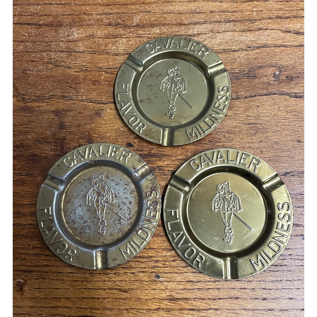 vintage 1960s Cavalier Cigarettes Tin Advertising 3.5" Metal Ashtray Set (3)
