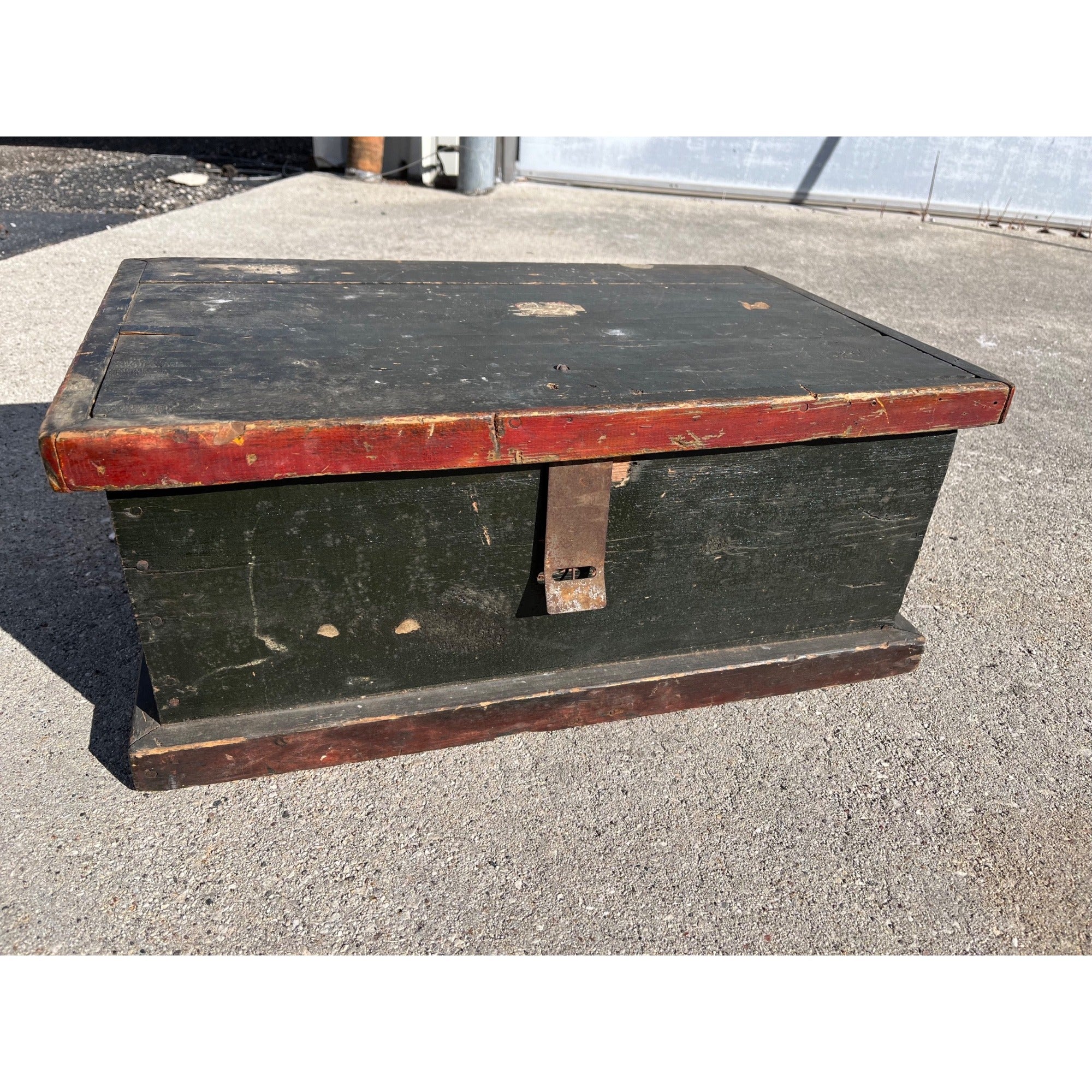 Antique Primitive Small Handmade Carpenters Tool Trunk Chest Green/Red Paint