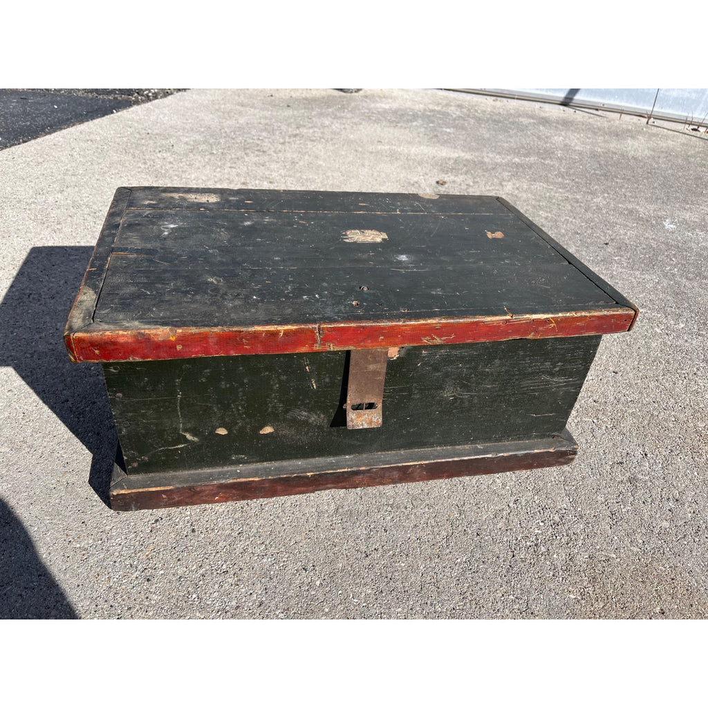 Antique Primitive Small Handmade Carpenters Tool Trunk Chest Green/Red Paint