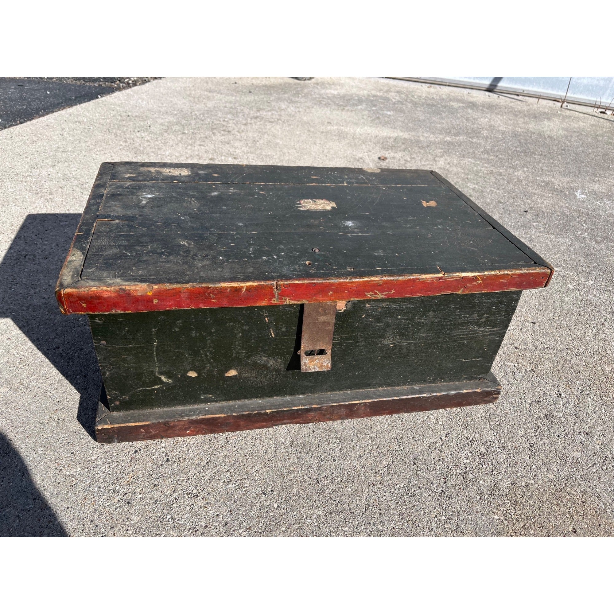 Antique Primitive Small Handmade Carpenters Tool Trunk Chest Green/Red Paint
