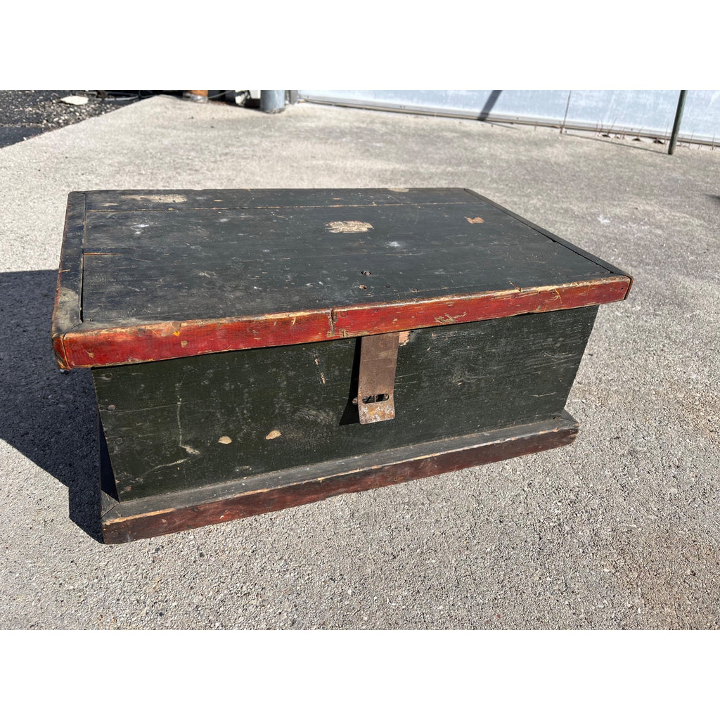 Antique Primitive Small Handmade Carpenters Tool Trunk Chest Green/Red Paint