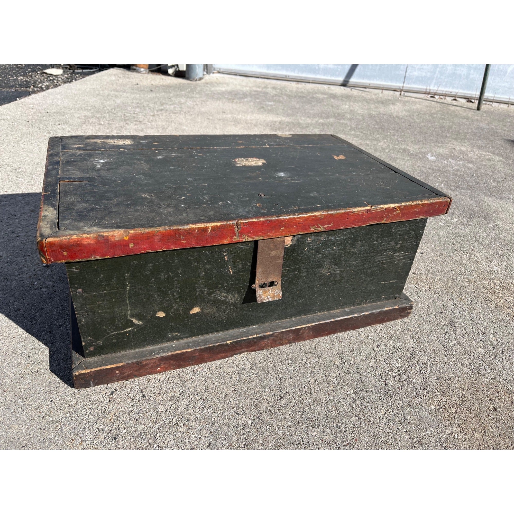 Antique Primitive Small Handmade Carpenters Tool Trunk Chest Green/Red Paint