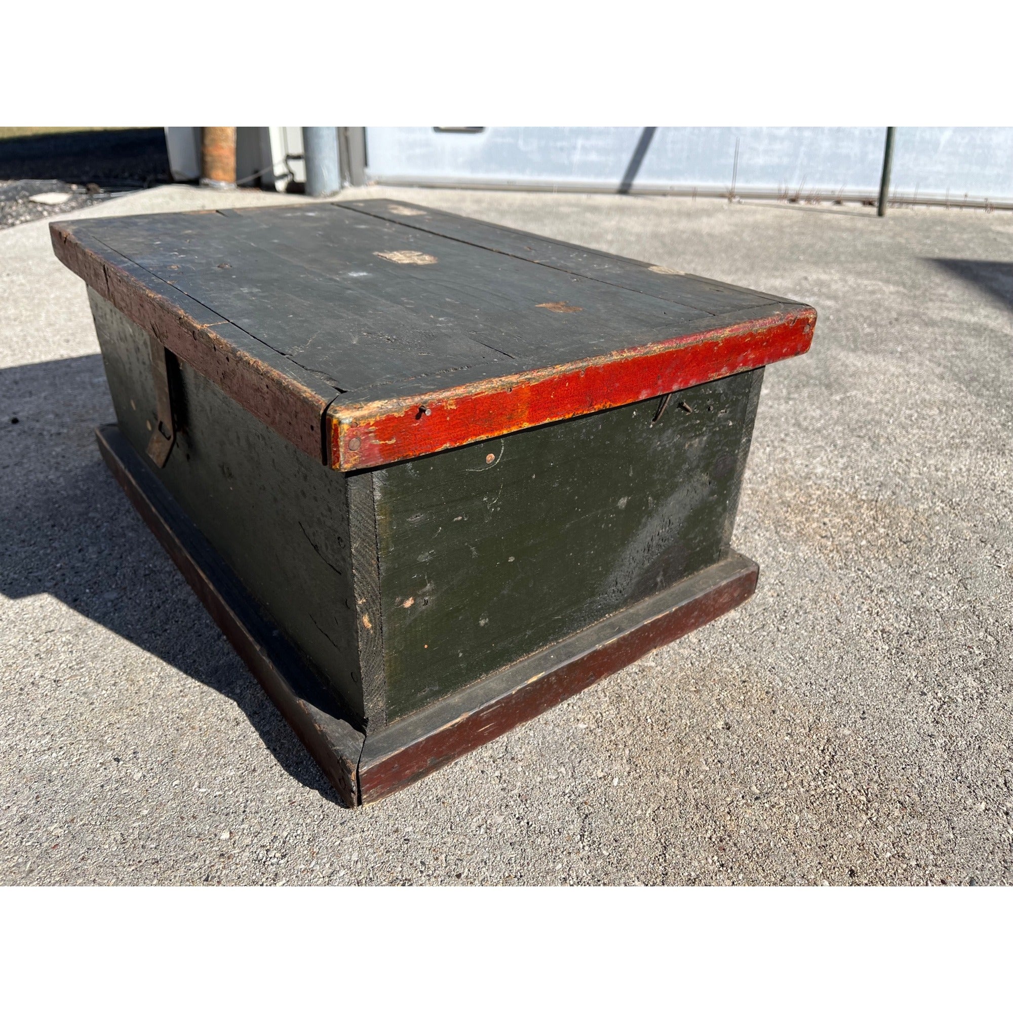 Antique Primitive Small Handmade Carpenters Tool Trunk Chest Green/Red Paint