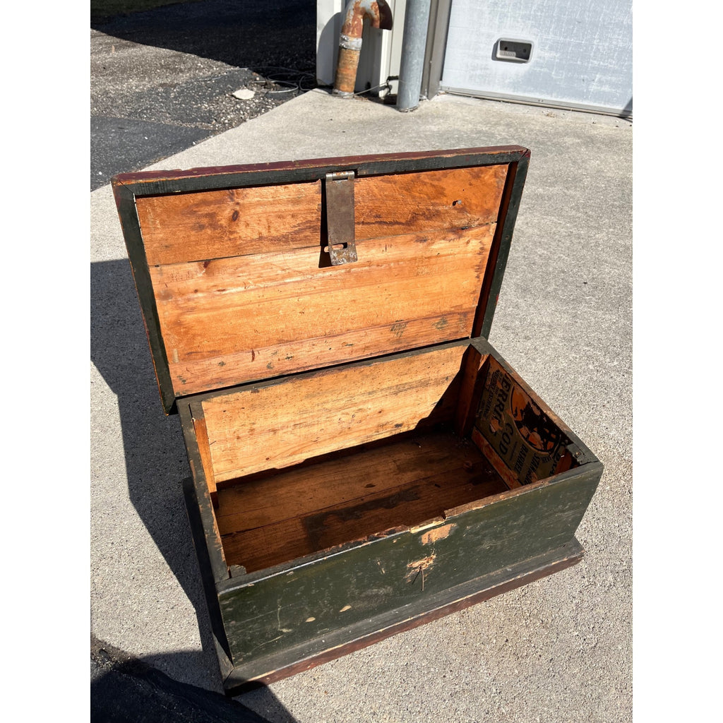 Antique Primitive Small Handmade Carpenters Tool Trunk Chest Green/Red Paint