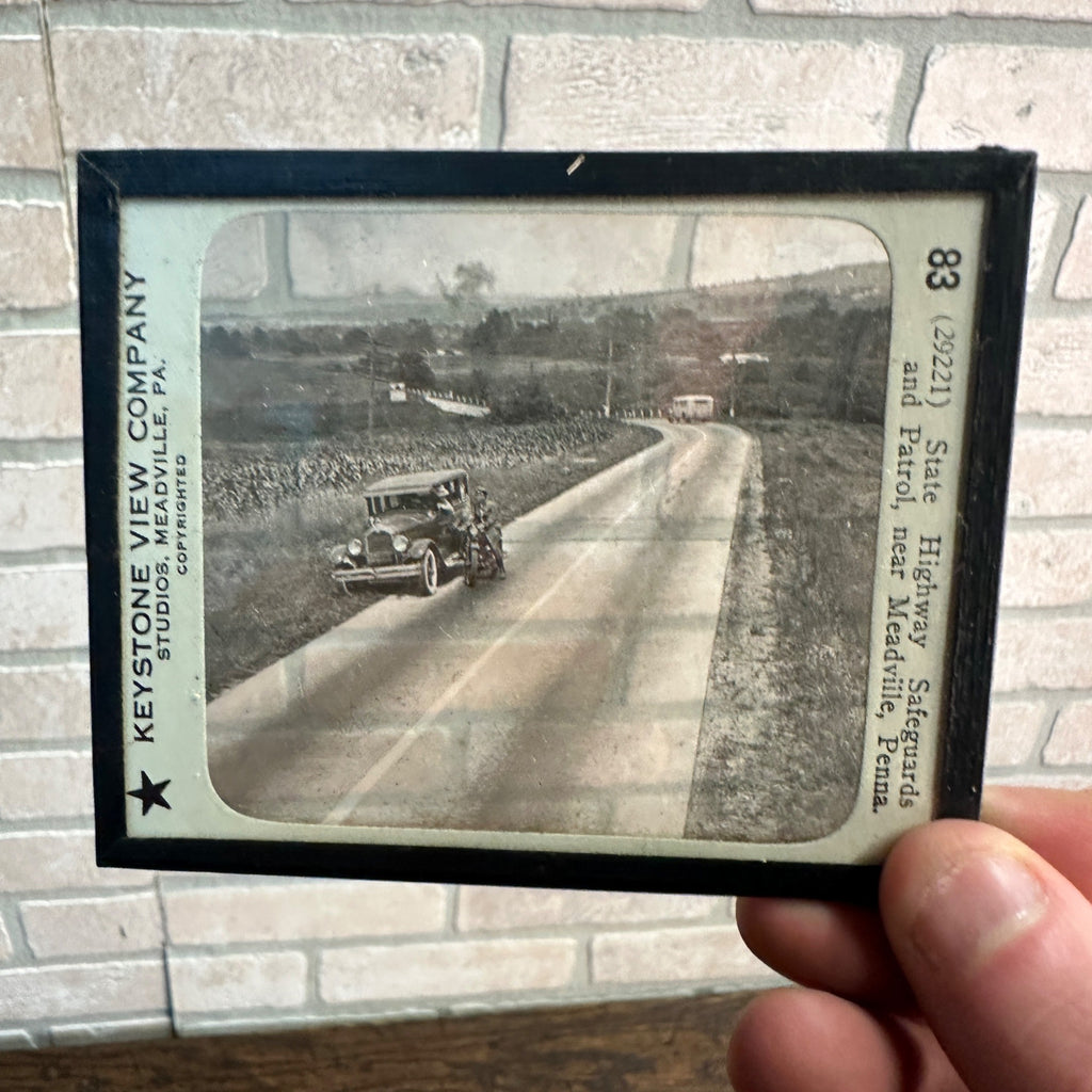 Vintage c1920s Keystone View Co. Glass Negative Motorcycle Highway State Patrol Police