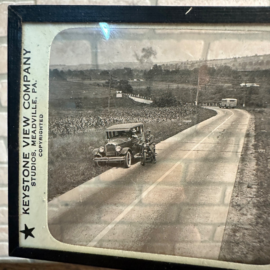 Vintage c1920s Keystone View Co. Glass Negative Motorcycle Highway State Patrol Police