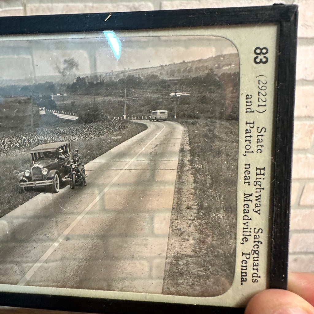 Vintage c1920s Keystone View Co. Glass Negative Motorcycle Highway State Patrol Police
