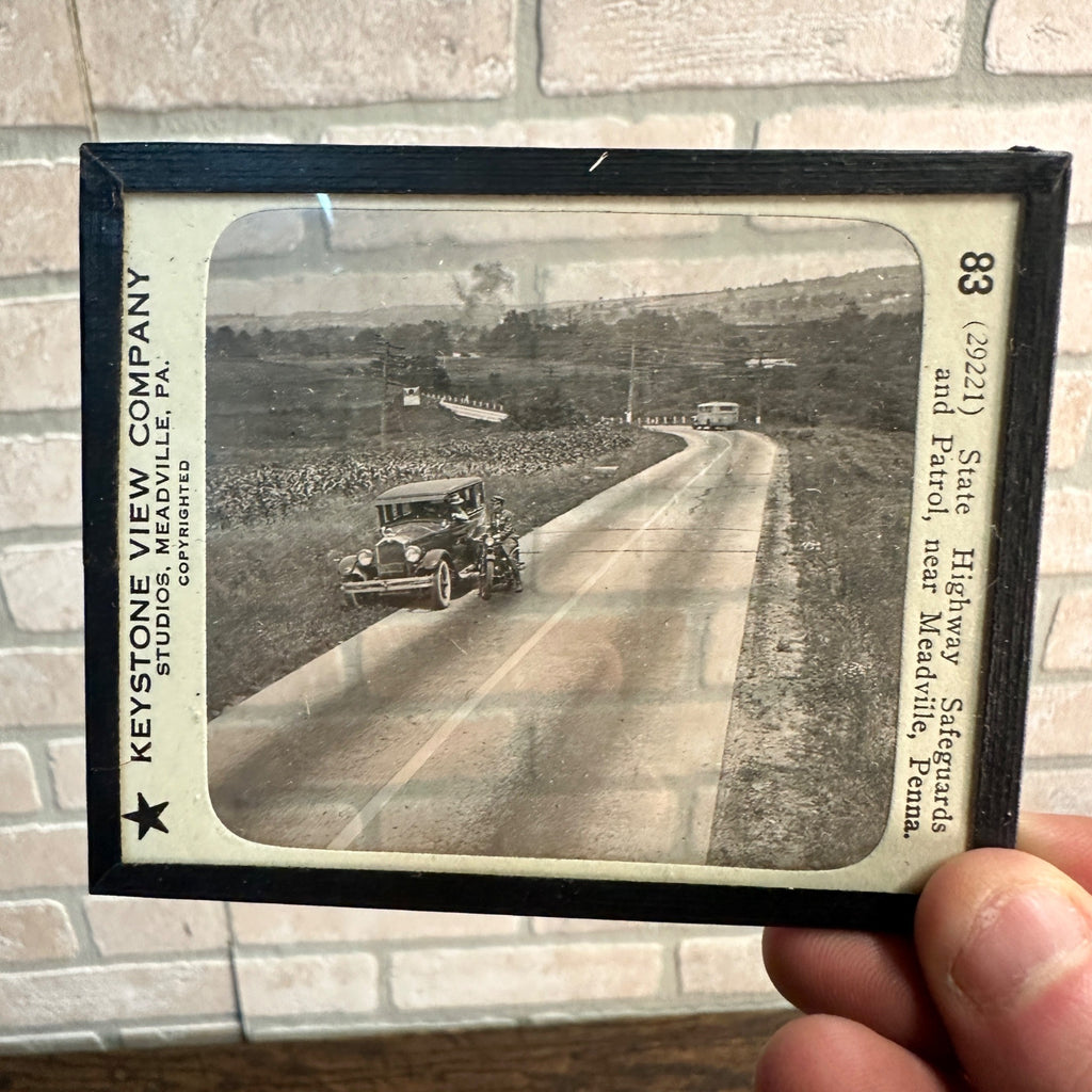 Vintage c1920s Keystone View Co. Glass Negative Motorcycle Highway State Patrol Police