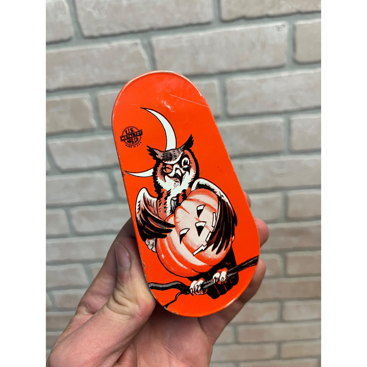 Vintage Halloween Jack o' Lantern JOL & Owl Noisemaker Tin Litho US Metal Toy Co