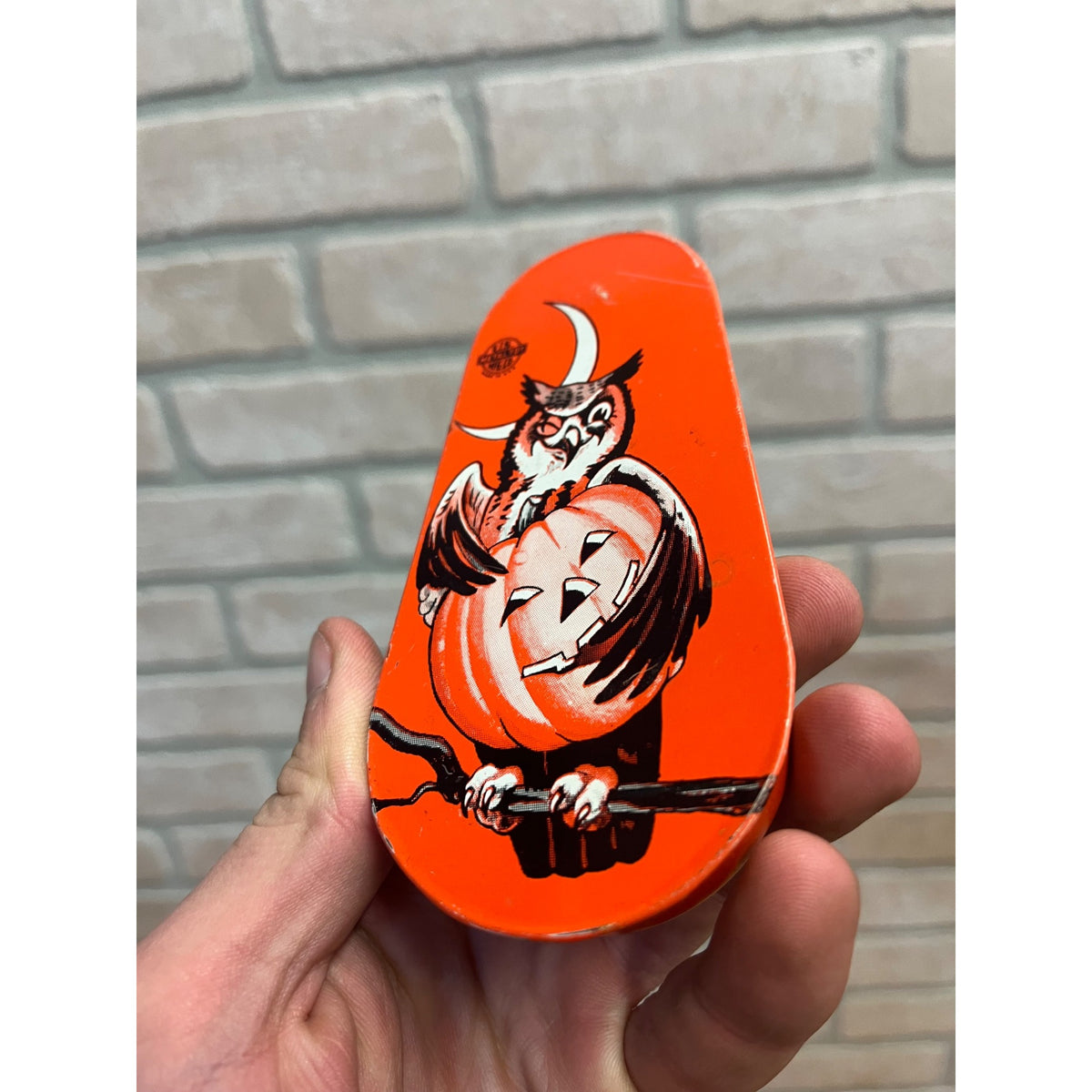 Vintage Halloween Jack o' Lantern JOL & Owl Noisemaker Tin Litho US Metal Toy Co