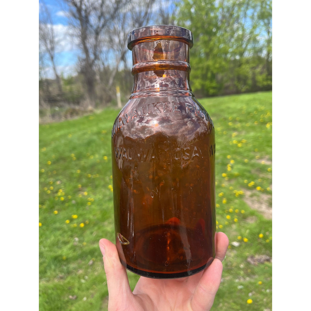 RARE Milwaukee Half Gallon Pickle Fruit Jar 8.5" Advertising Wauwatosa Wisconsin Bottle Amber