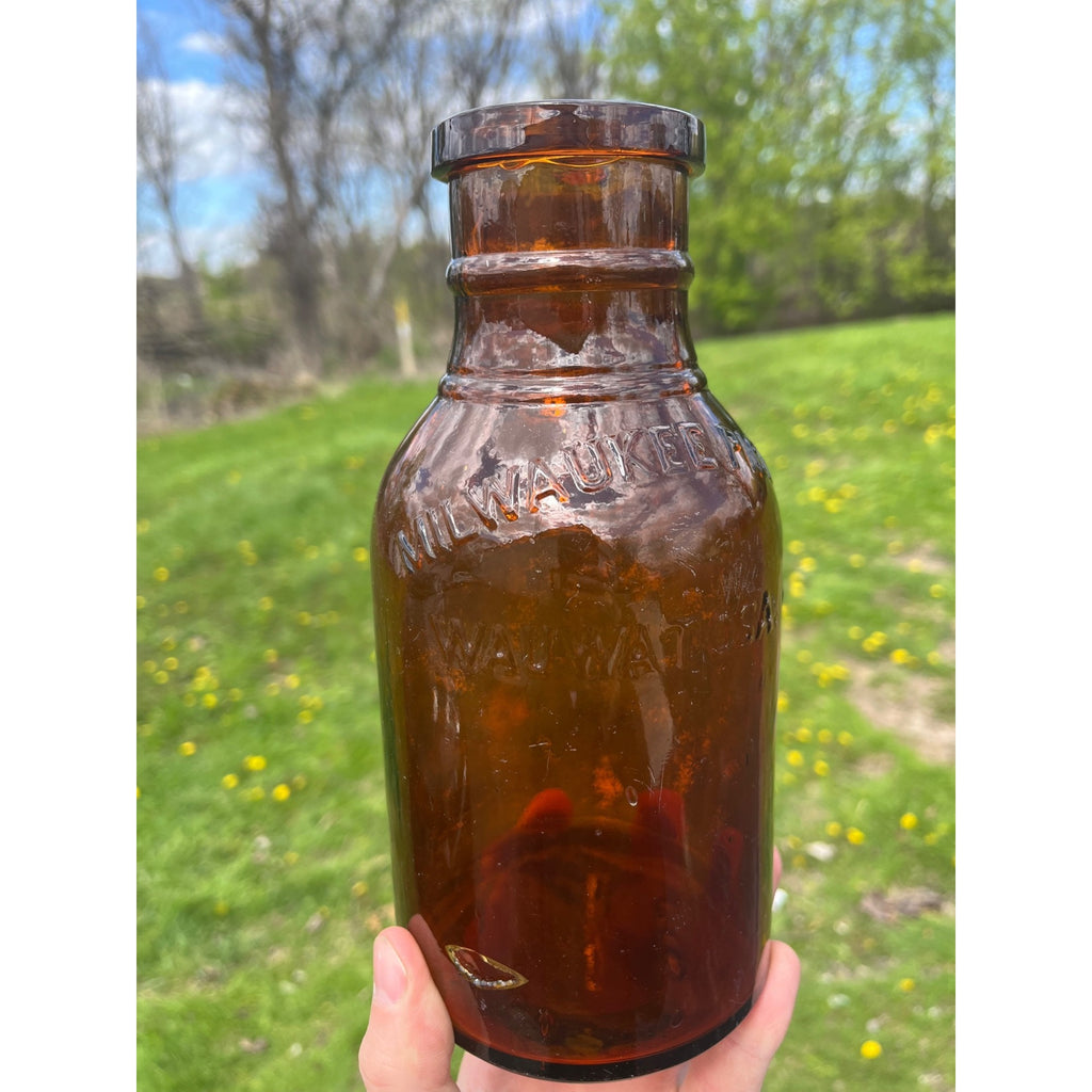 RARE Milwaukee Half Gallon Pickle Fruit Jar 8.5" Advertising Wauwatosa Wisconsin Bottle Amber