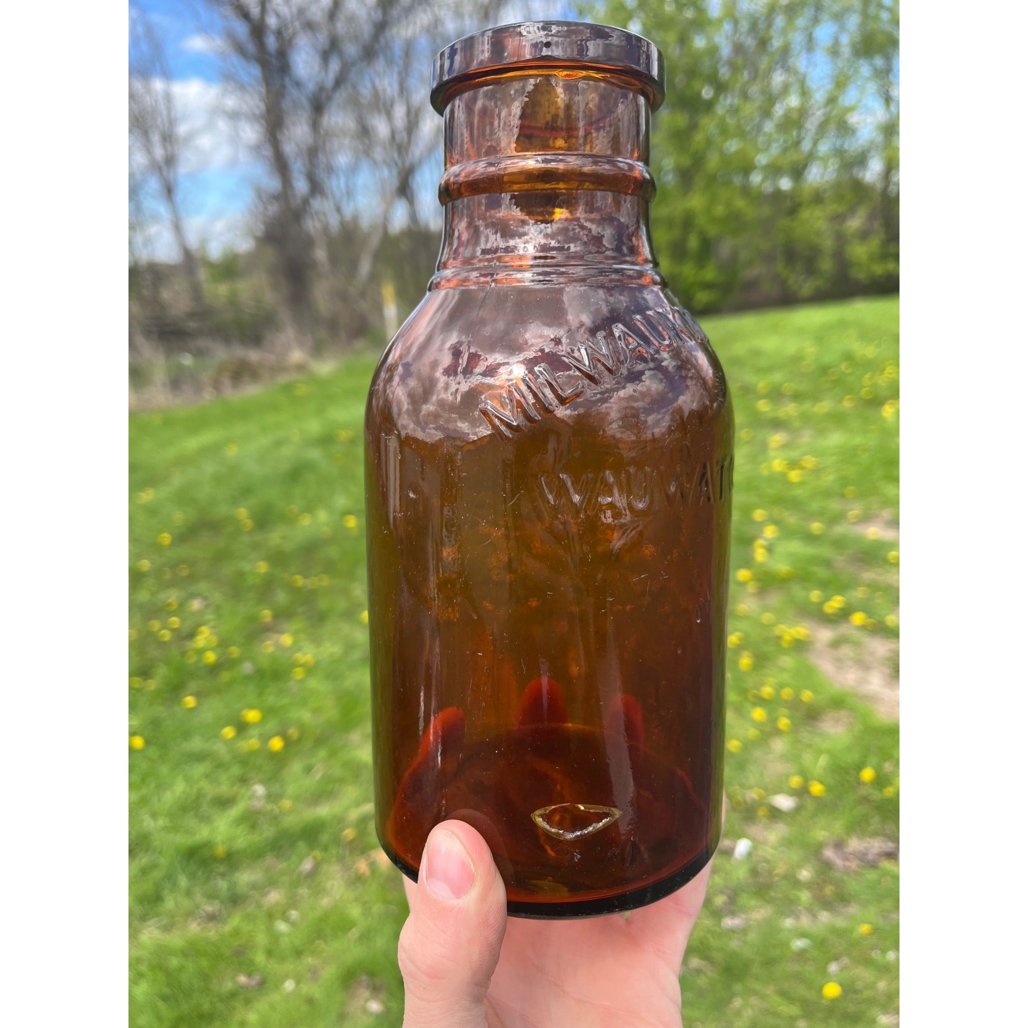 RARE Milwaukee Half Gallon Pickle Fruit Jar 8.5" Advertising Wauwatosa Wisconsin Bottle Amber