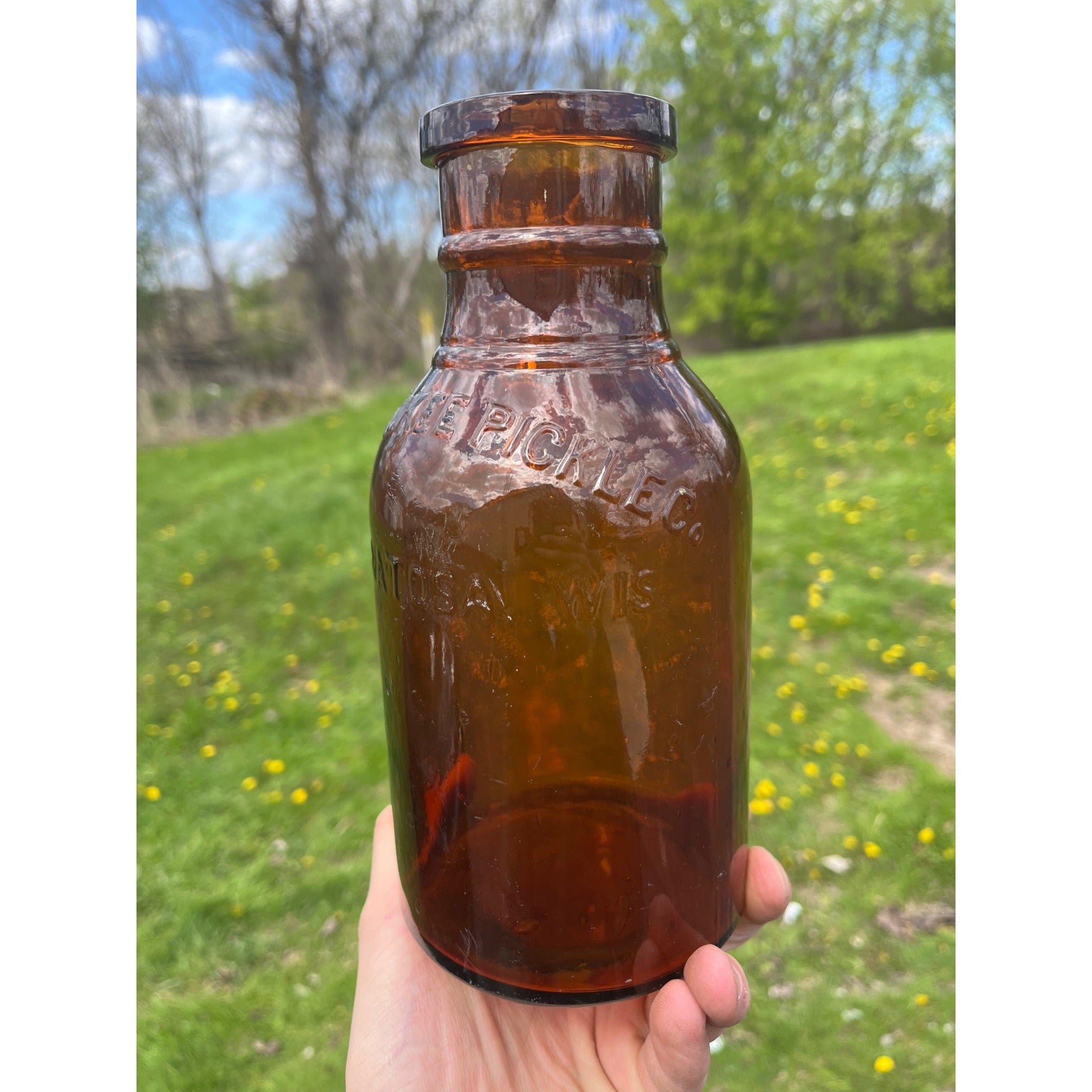 RARE Milwaukee Half Gallon Pickle Fruit Jar 8.5" Advertising Wauwatosa Wisconsin Bottle Amber