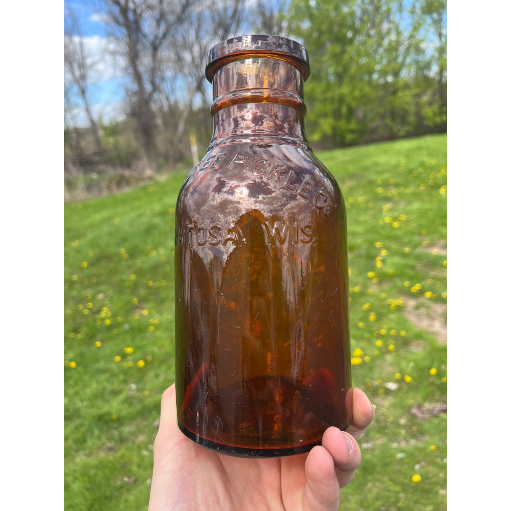 RARE Milwaukee Half Gallon Pickle Fruit Jar 8.5" Advertising Wauwatosa Wisconsin Bottle Amber