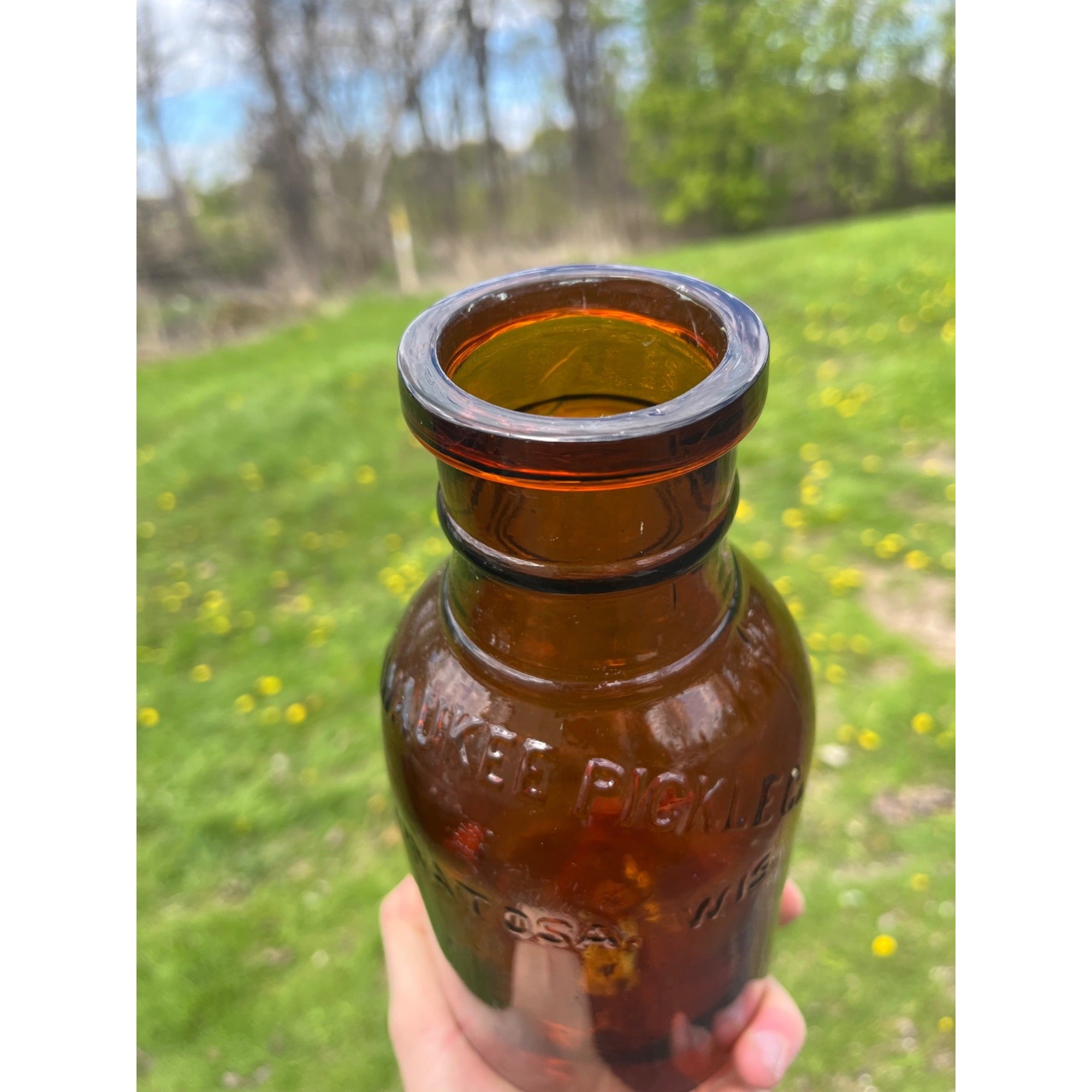 RARE Milwaukee Half Gallon Pickle Fruit Jar 8.5" Advertising Wauwatosa Wisconsin Bottle Amber