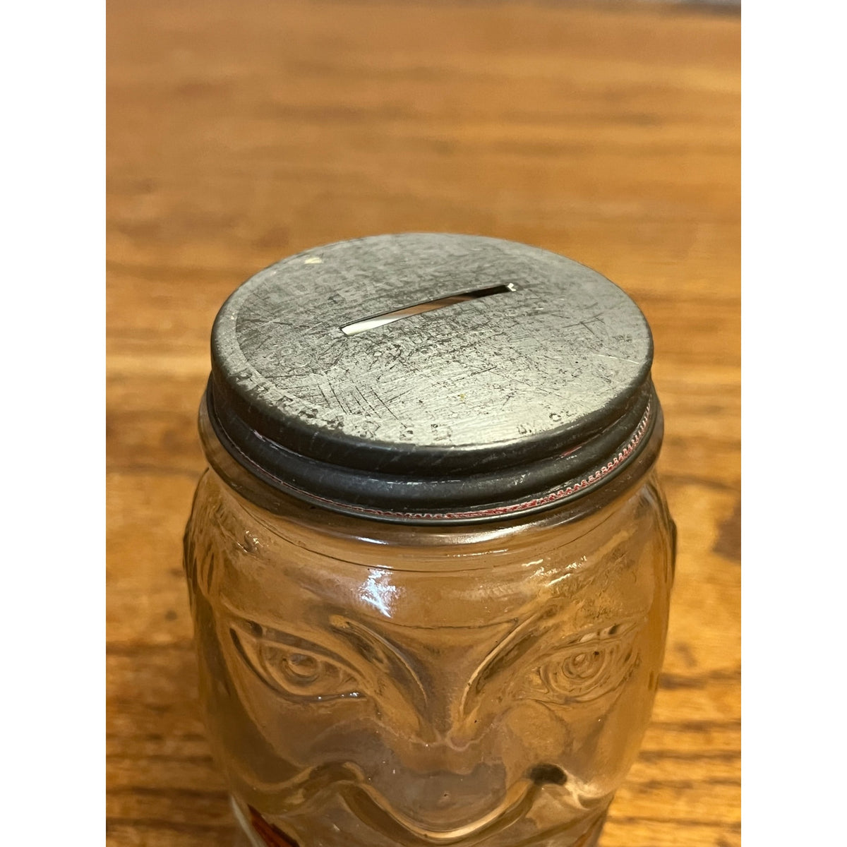 Vintage Lucky Joe Glass Jar Coin Bank Nash's Prepared Mustard w Lips & Smile