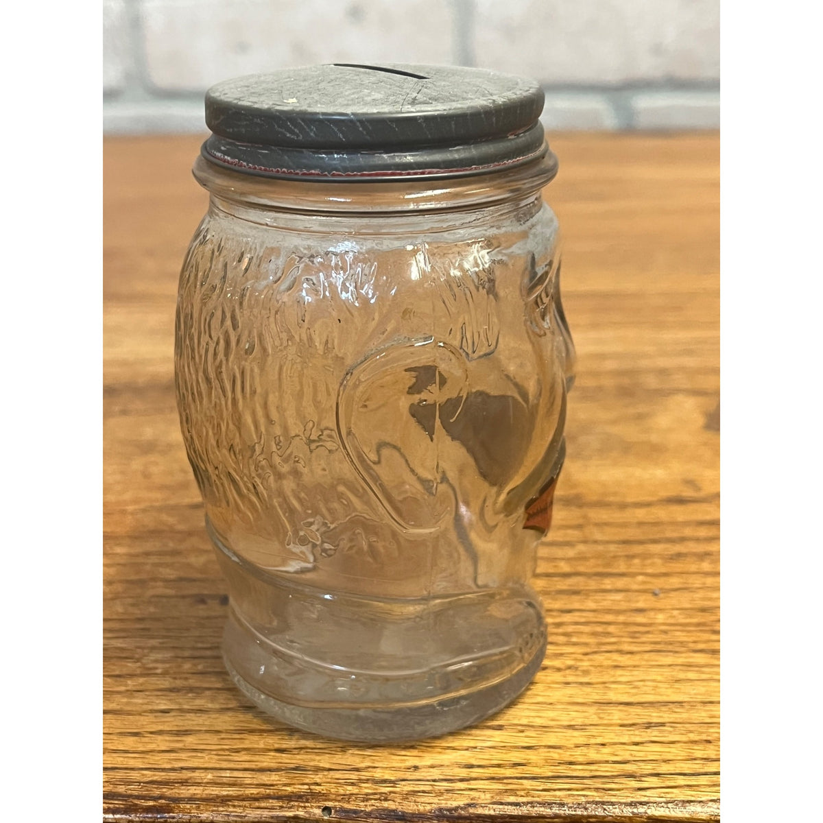 Vintage Lucky Joe Glass Jar Coin Bank Nash's Prepared Mustard w Lips & Smile