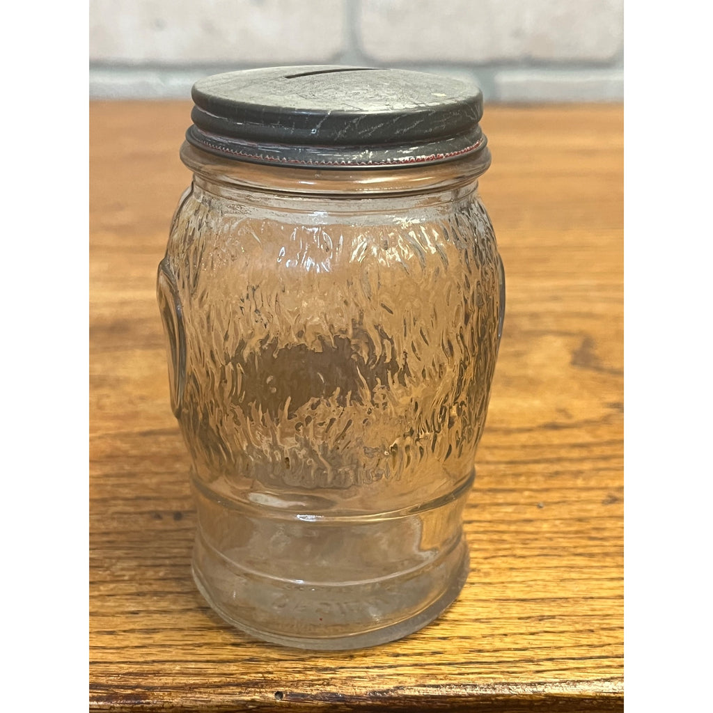 Vintage Lucky Joe Glass Jar Coin Bank Nash's Prepared Mustard w Lips & Smile