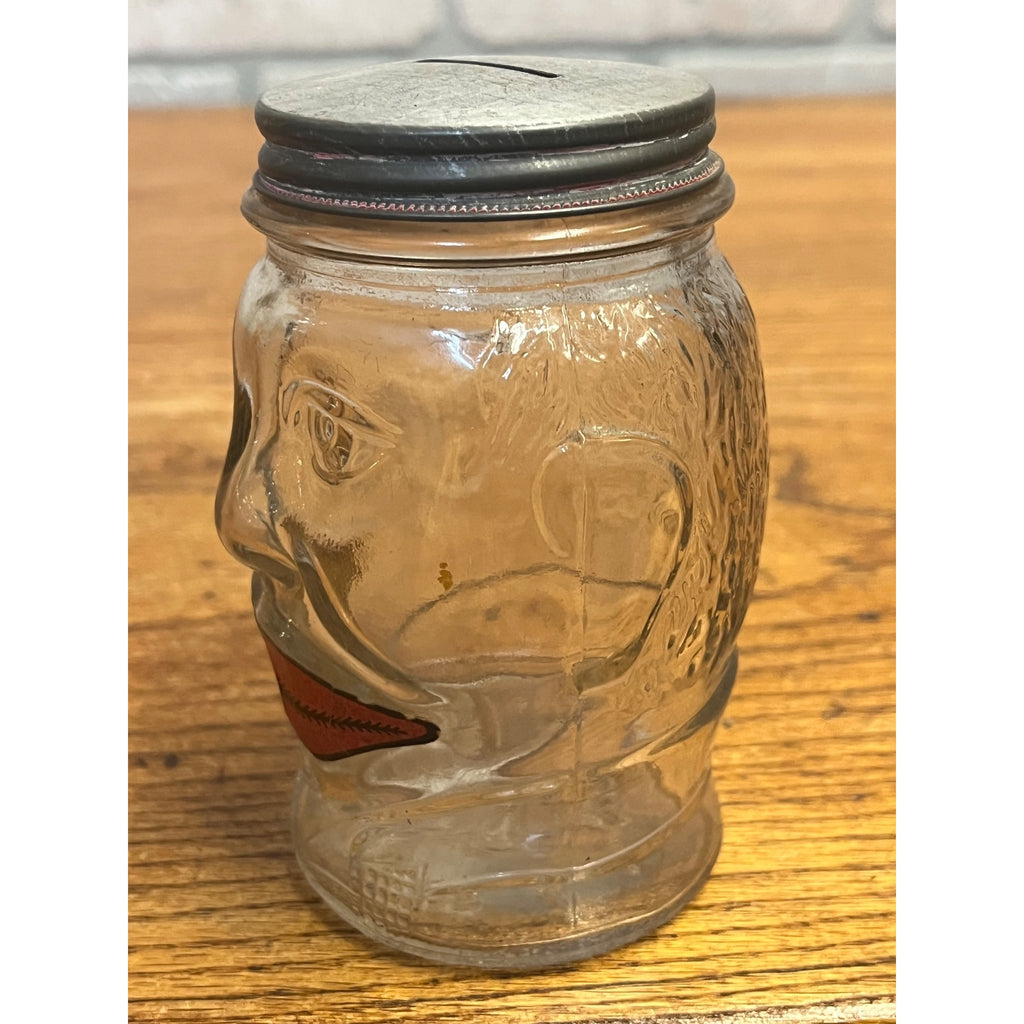 Vintage Lucky Joe Glass Jar Coin Bank Nash's Prepared Mustard w Lips & Smile