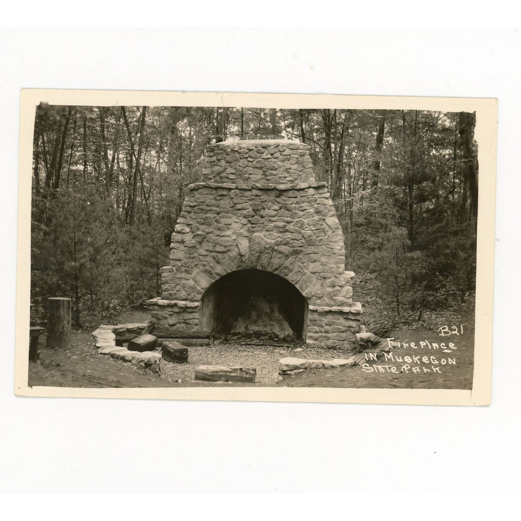 Vintage 1940s RPPC Postcard Fireplace Muskegon State Park Wisconsin