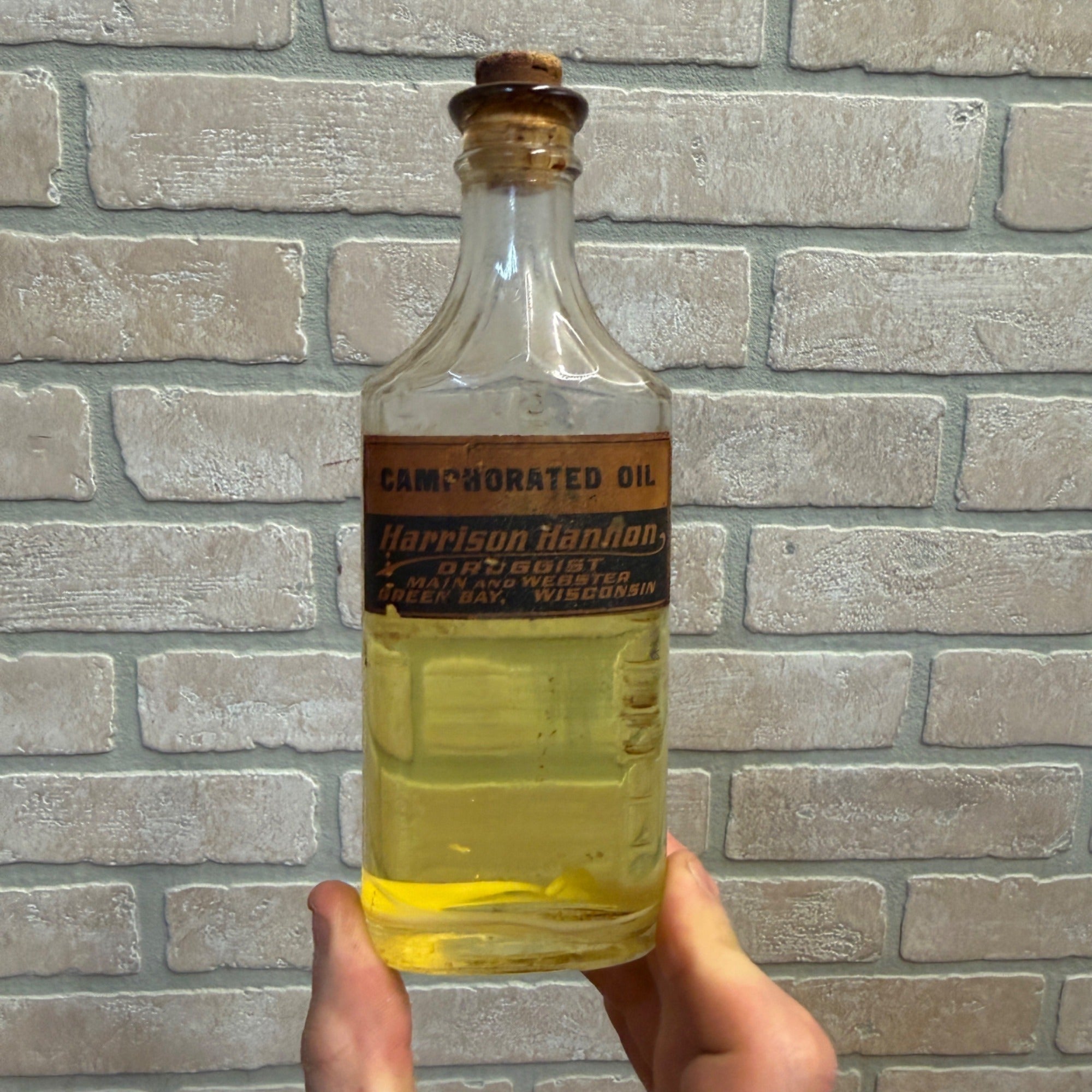 Vintage Apothecary Bottle "Camphorated Oil" Harrison Hannon Green Bay Wis