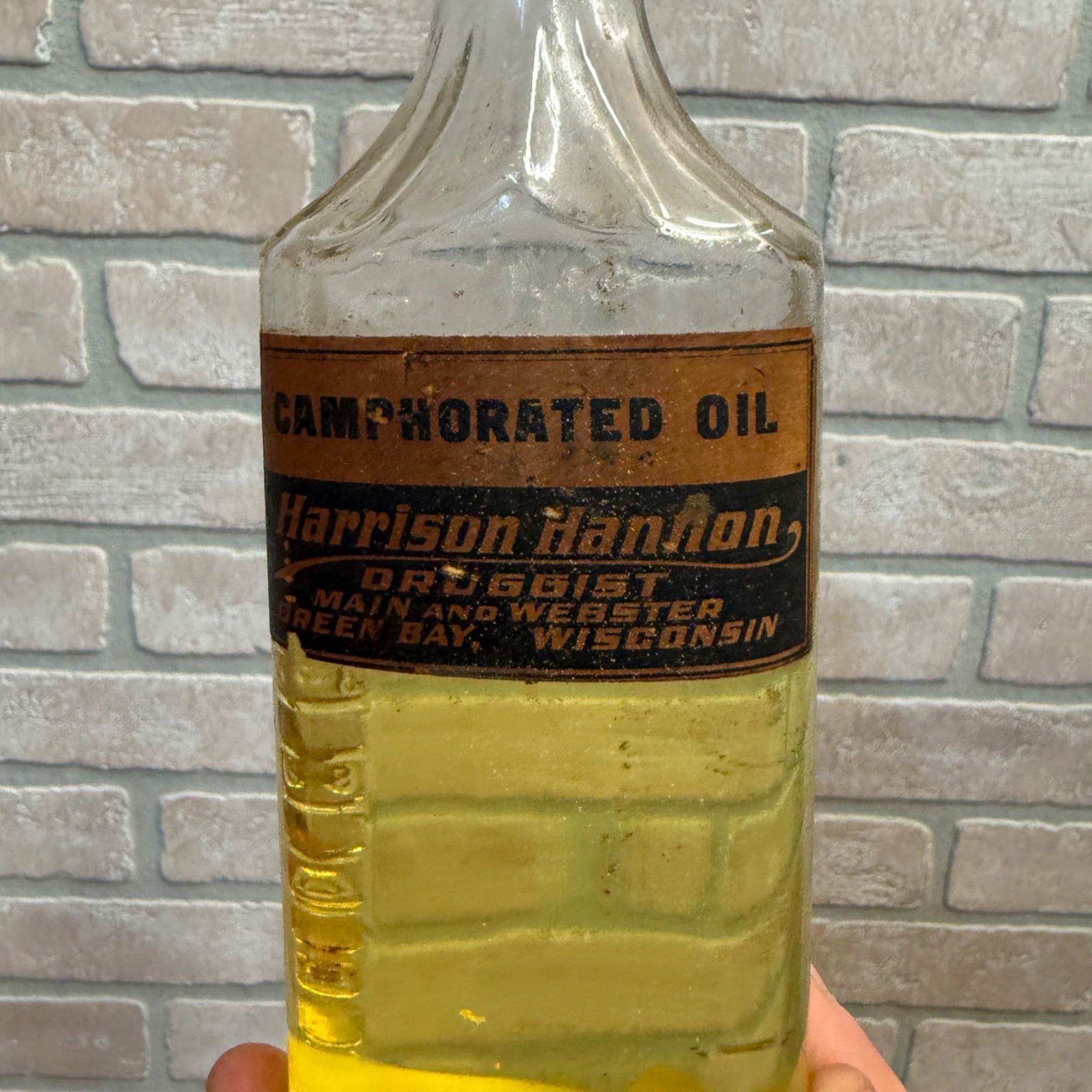 Vintage Apothecary Bottle "Camphorated Oil" Harrison Hannon Green Bay Wis