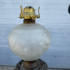 Antique Victorian Frosted Rose Embossed Oil Kerosene Table Lamp w/ Cast Bronze Base