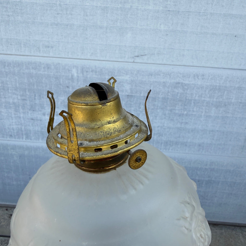 Antique Victorian Frosted Rose Embossed Oil Kerosene Table Lamp w/ Cast Bronze Base