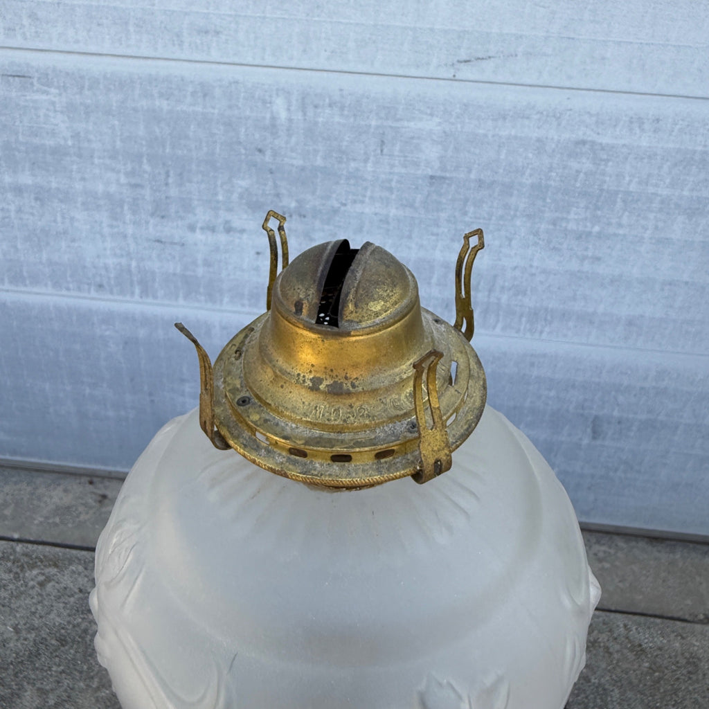 Antique Victorian Frosted Rose Embossed Oil Kerosene Table Lamp w/ Cast Bronze Base