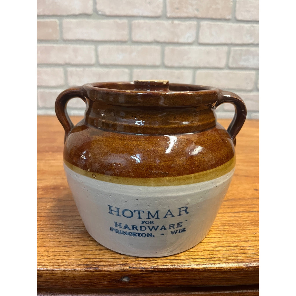 Antique Hotmar Hardware Princeton Wis Wisconsin Advertising Stoneware Bean Pot