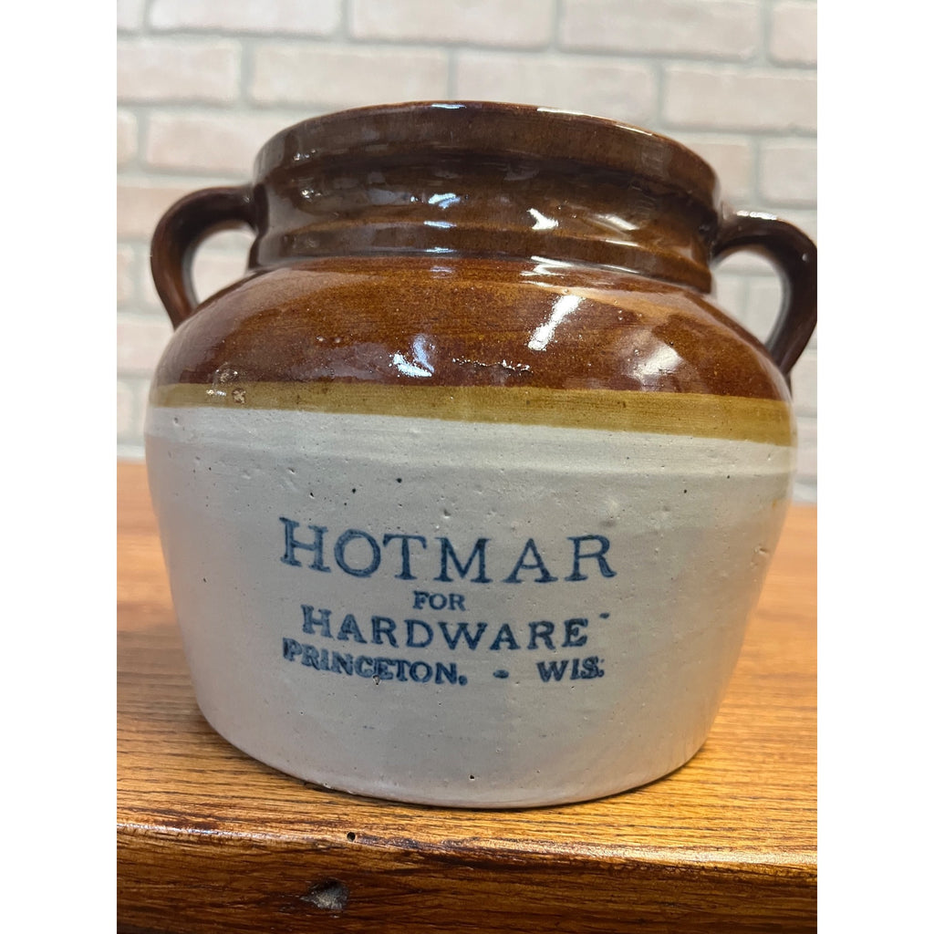 Antique Hotmar Hardware Princeton Wis Wisconsin Advertising Stoneware Bean Pot