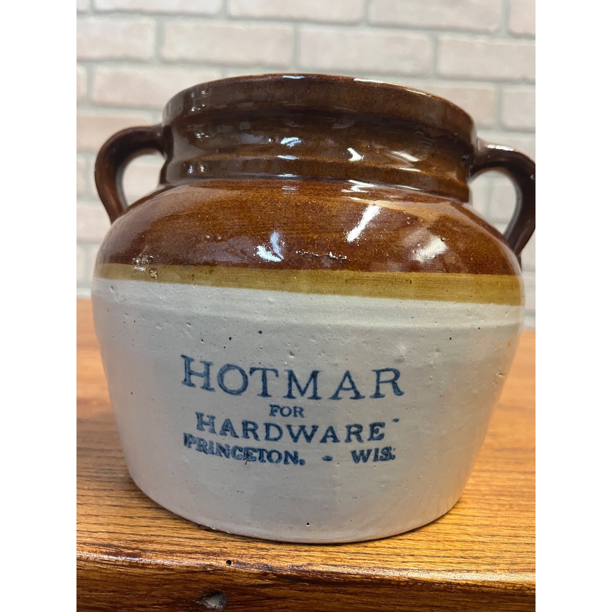 Antique Hotmar Hardware Princeton Wis Wisconsin Advertising Stoneware Bean Pot