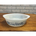 Vintage Currier & Ives Round Baking Dish Winter Farm or Cabin Scene Glasbake USA Milk Glass Ovenware Casserole