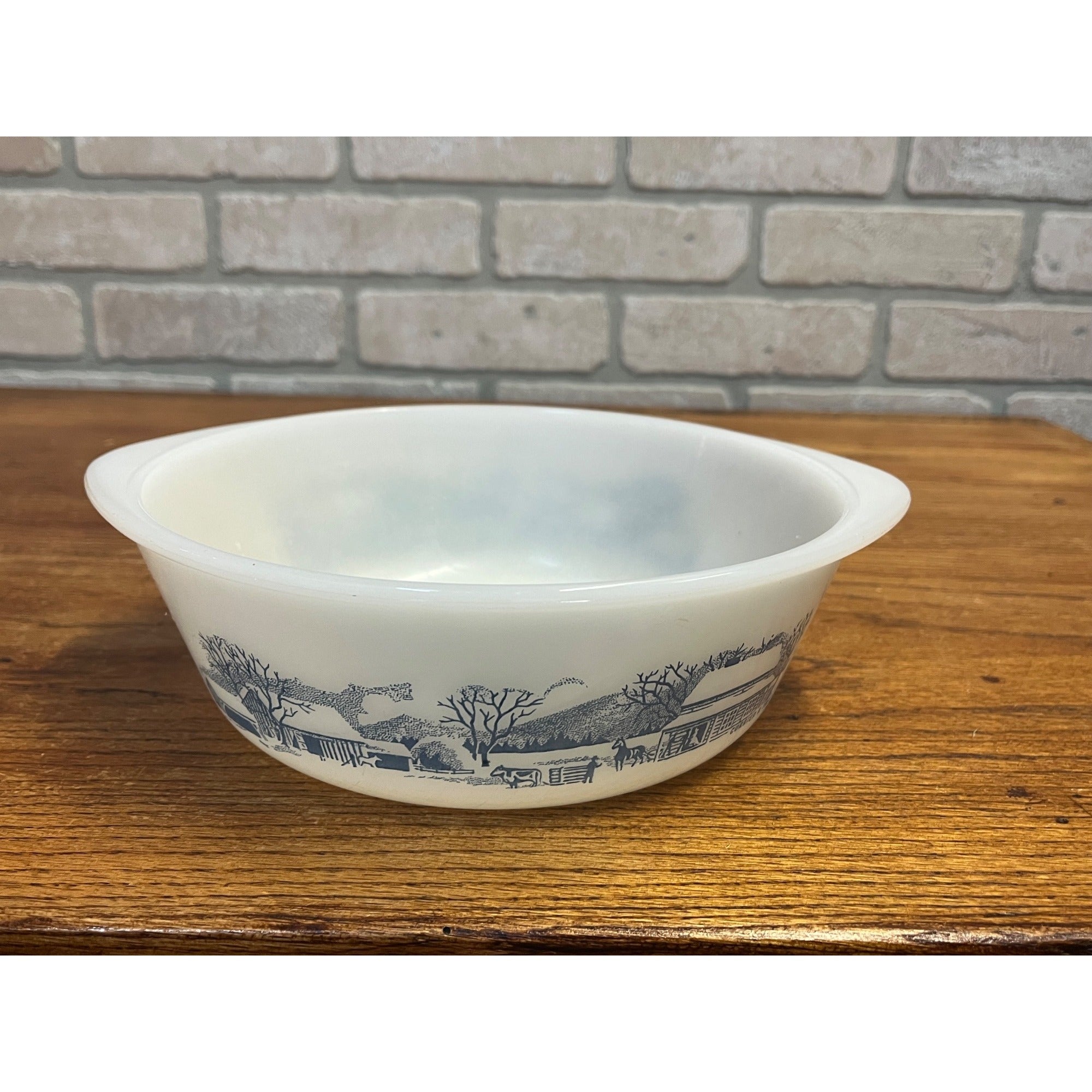 Vintage Currier & Ives Round Baking Dish Winter Farm or Cabin Scene Glasbake USA Milk Glass Ovenware Casserole