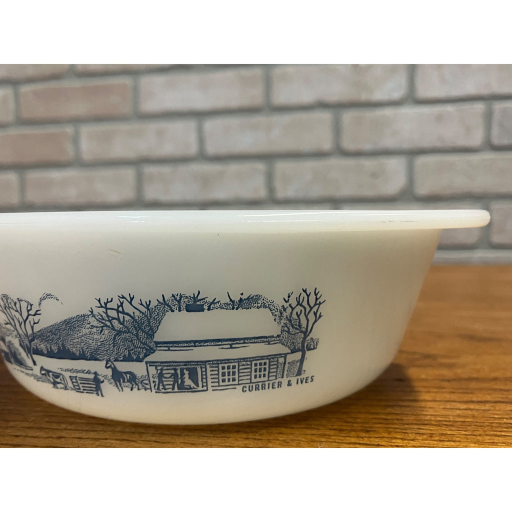 Vintage Currier & Ives Round Baking Dish Winter Farm or Cabin Scene Glasbake USA Milk Glass Ovenware Casserole