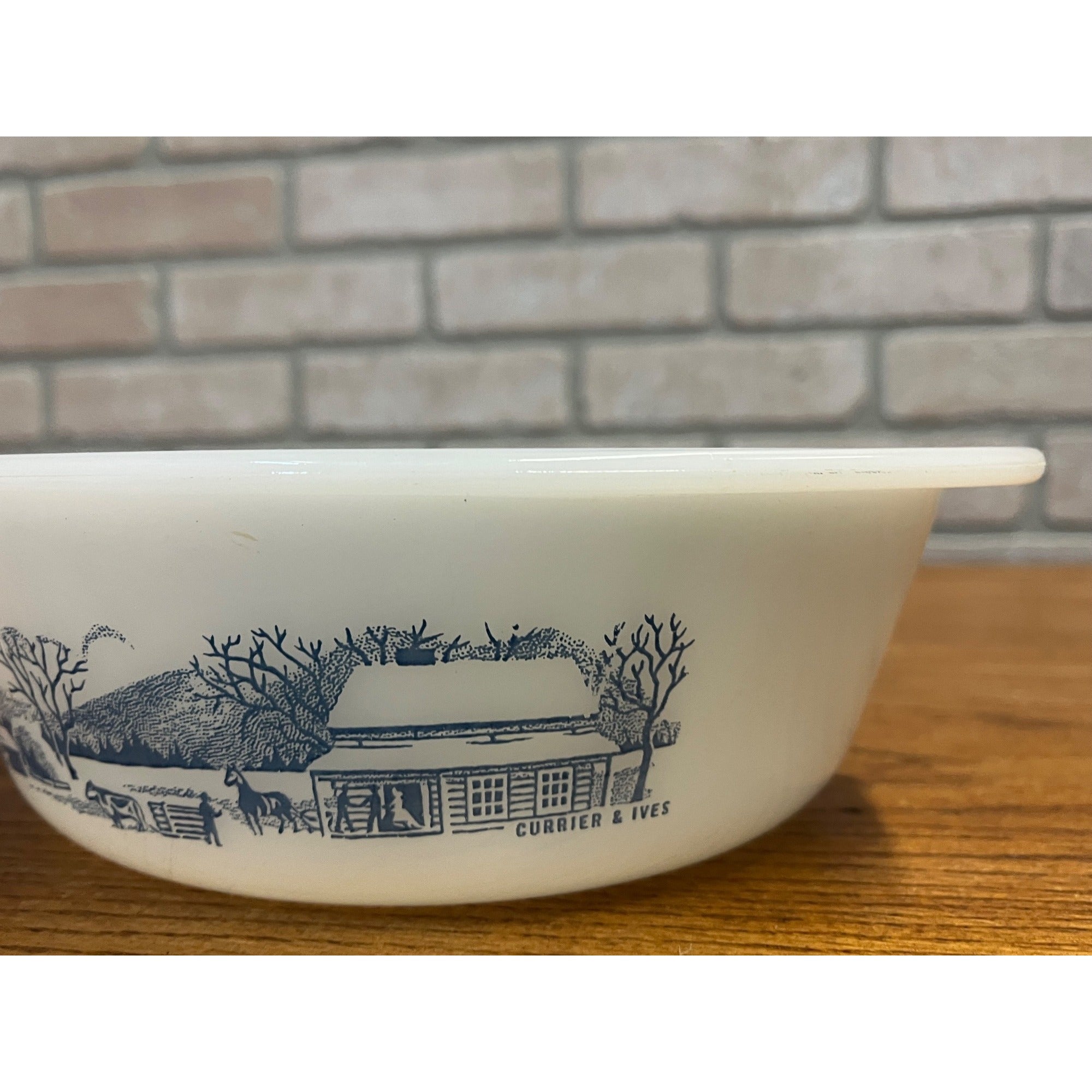 Vintage Currier & Ives Round Baking Dish Winter Farm or Cabin Scene Glasbake USA Milk Glass Ovenware Casserole