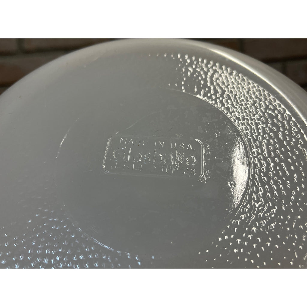 Vintage Currier & Ives Round Baking Dish Winter Farm or Cabin Scene Glasbake USA Milk Glass Ovenware Casserole