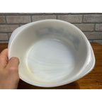 Vintage Currier & Ives Round Baking Dish Winter Farm or Cabin Scene Glasbake USA Milk Glass Ovenware Casserole
