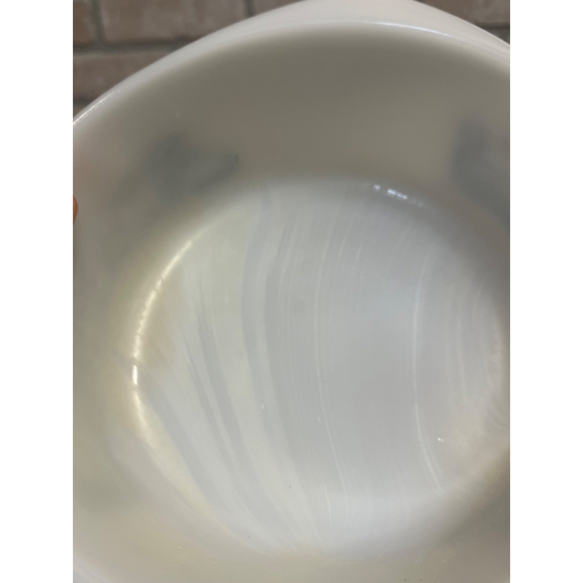 Vintage Currier & Ives Round Baking Dish Winter Farm or Cabin Scene Glasbake USA Milk Glass Ovenware Casserole