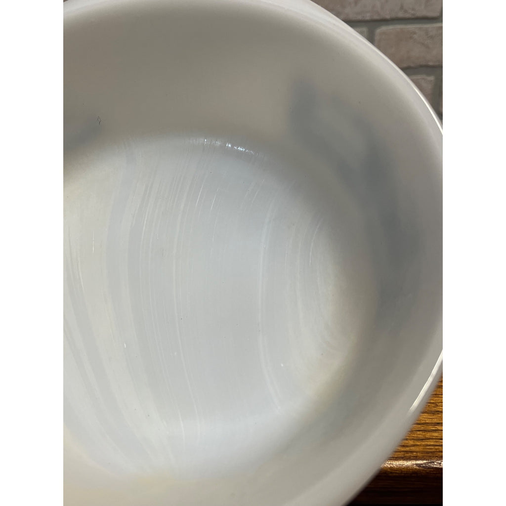 Vintage Currier & Ives Round Baking Dish Winter Farm or Cabin Scene Glasbake USA Milk Glass Ovenware Casserole
